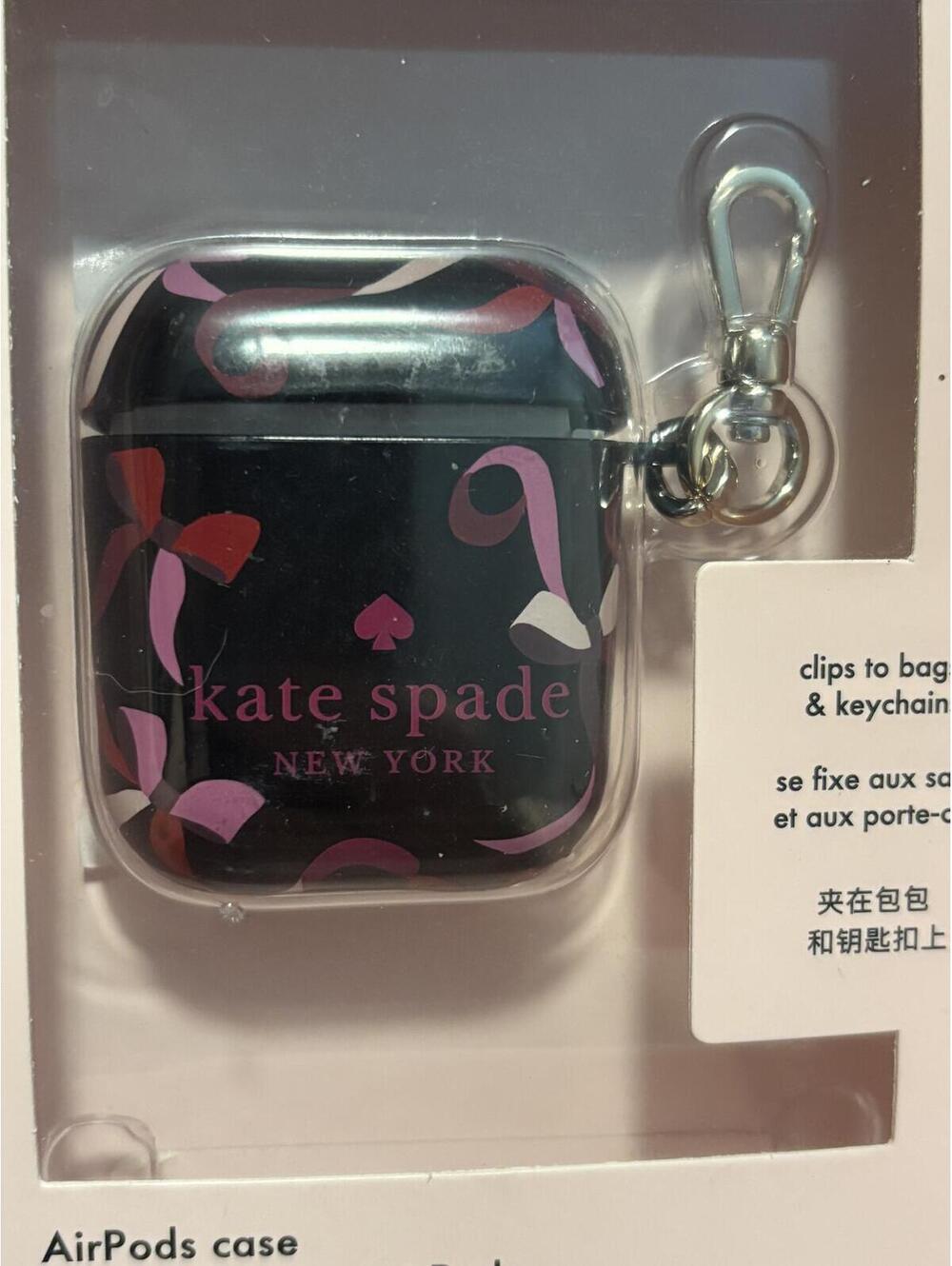 Kate Spade New York Ribbon Print AirPods Case Keychain Holder NIB